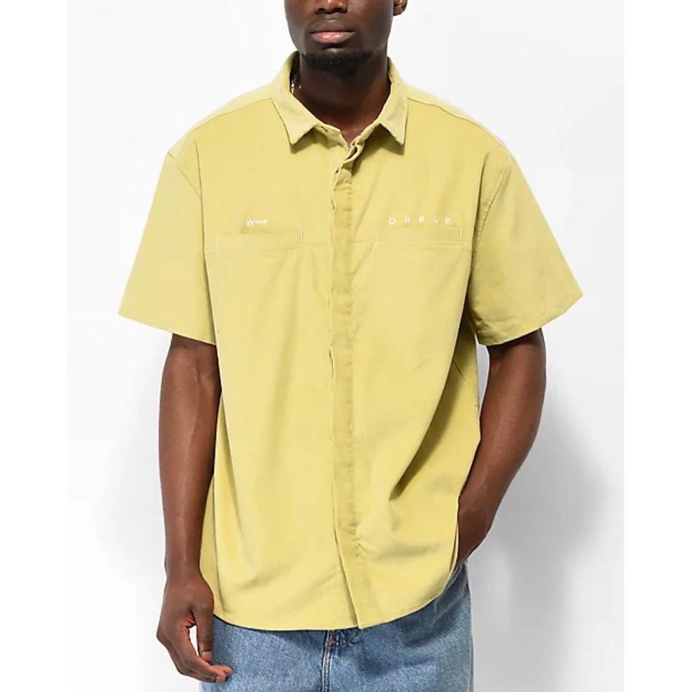 WORBLE‎ Short Sleeve Corduroy Button Down Shirt Yellow/Green Mens Sz Large Skate